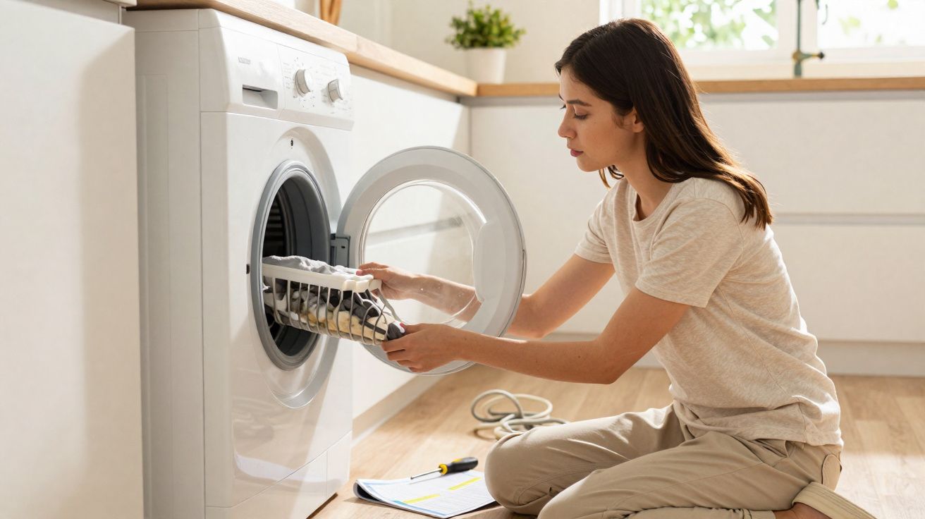 Mulher a reparar máquina de lavar roupa numa cozinha iluminada e arejada, com manual e ferramentas no chão.