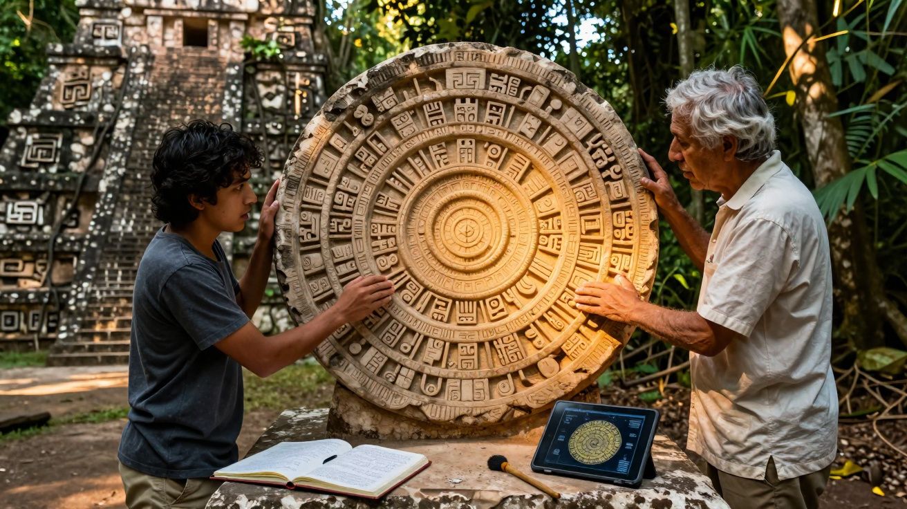 Dois homens examinam um calendário maia esculpido em pedra, com tablet e livro aberto ao lado.