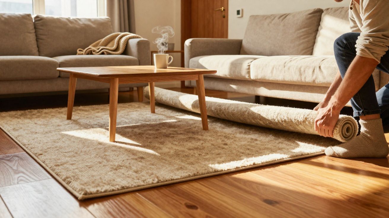 Pessoa a desenrolar tapete bege numa sala com sofás e mesa de madeira, luz natural a entrar pela janela.