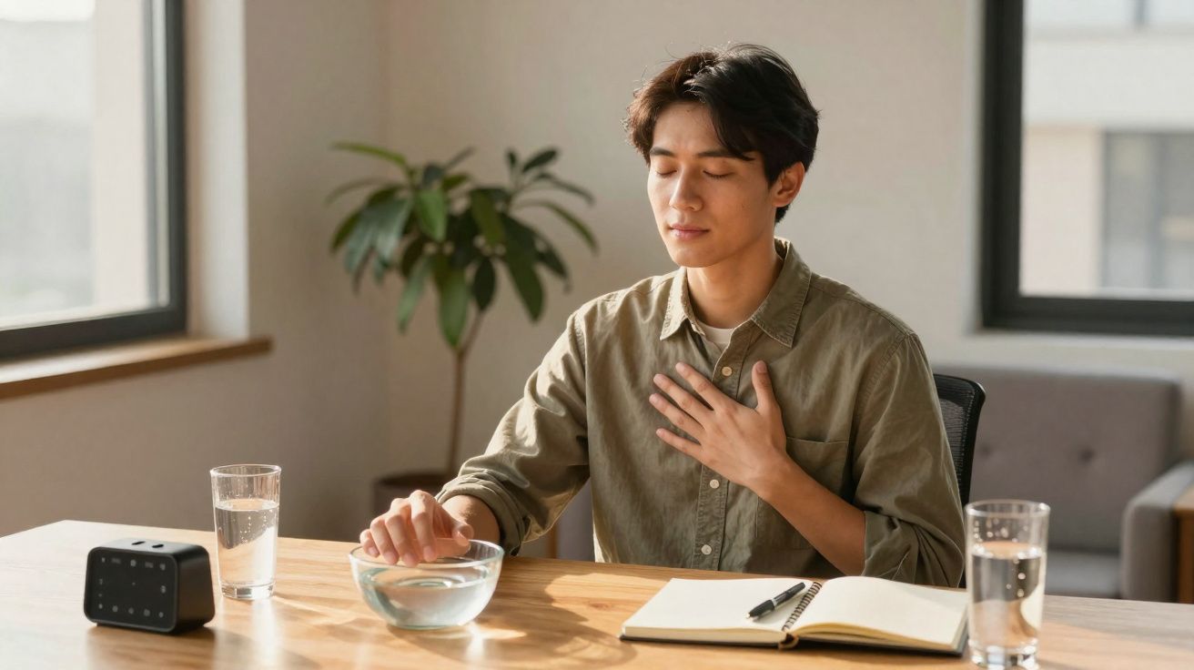 Jovem sentado numa mesa, meditando com um copo de água e um caderno aberto à sua frente.