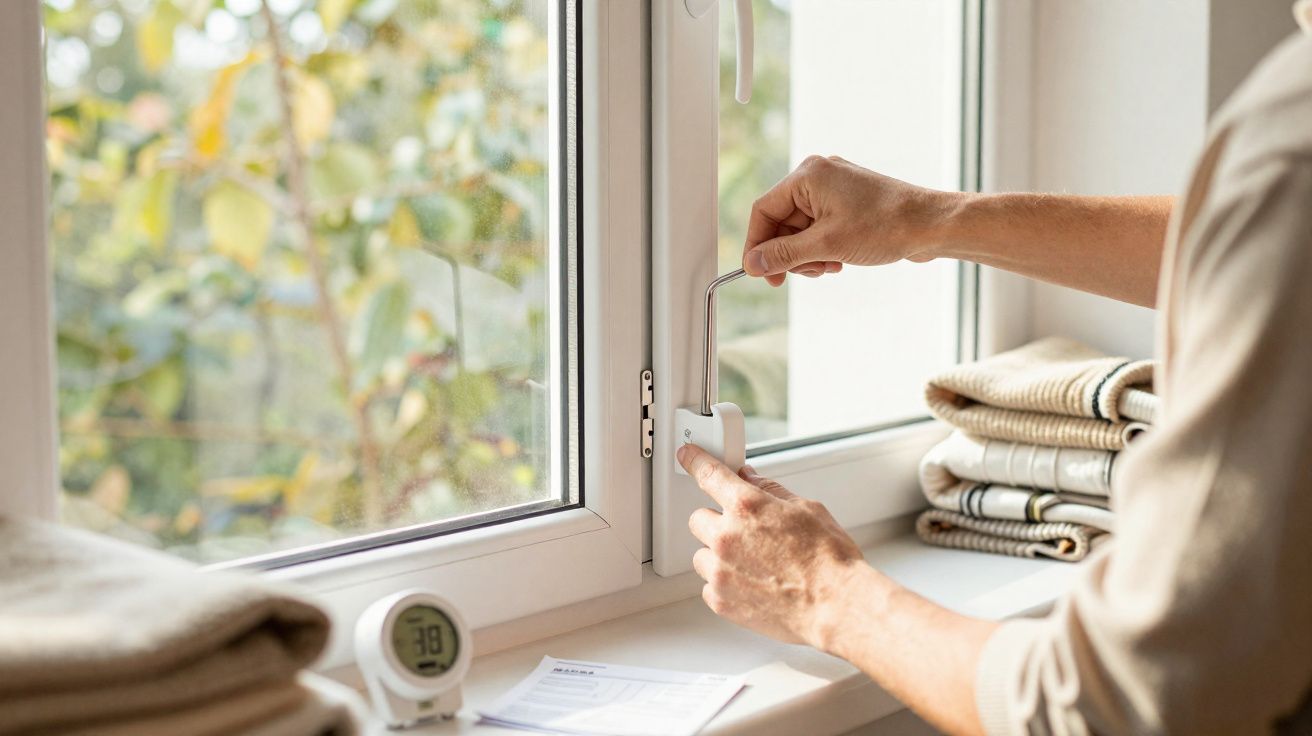 Pessoa a apertar fechadura de janela branca com chave Allen, vista parcial, com termómetro e toalhas na janela.