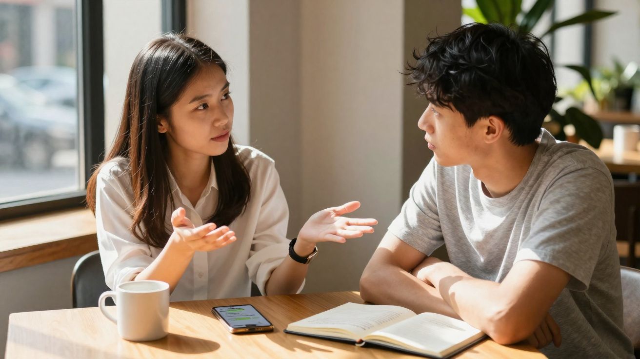 Duas pessoas sentadas a conversar numa mesa com um livro aberto, uma caneca e um telemóvel próximo.
