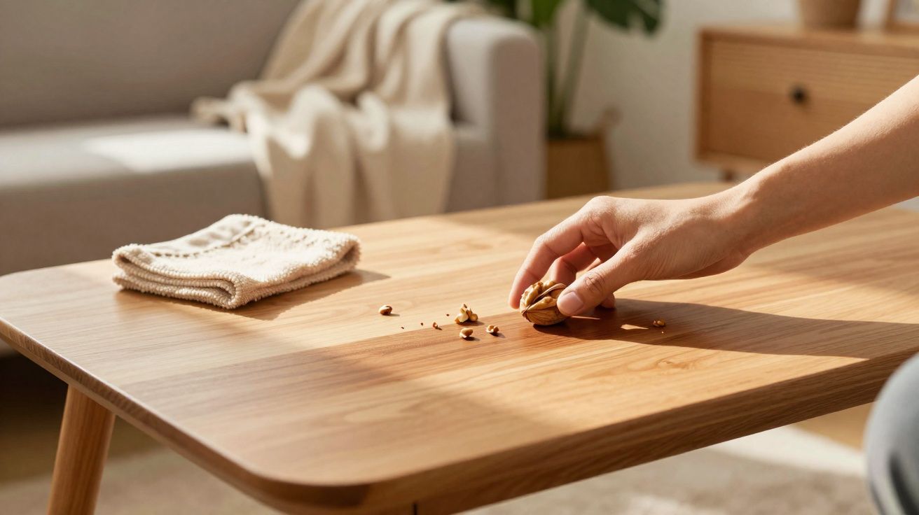 Mão a partir nozes sobre uma mesa de madeira clara com um pano dobrado ao lado, luz natural ambiente.