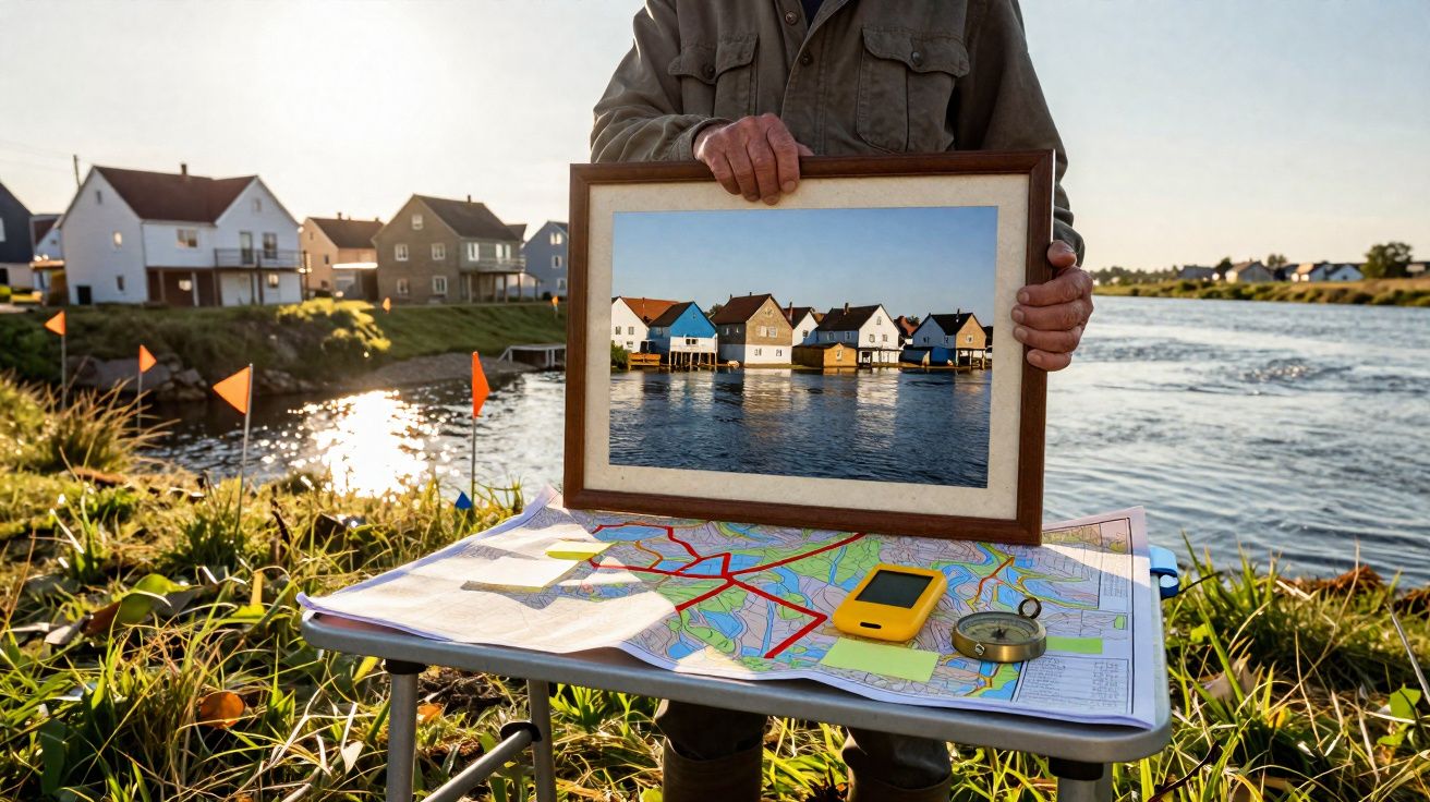 Pessoa segura quadro com imagem de casas sobre a água, num cenário exterior junto a rio e mapa sobre mesa portátil.