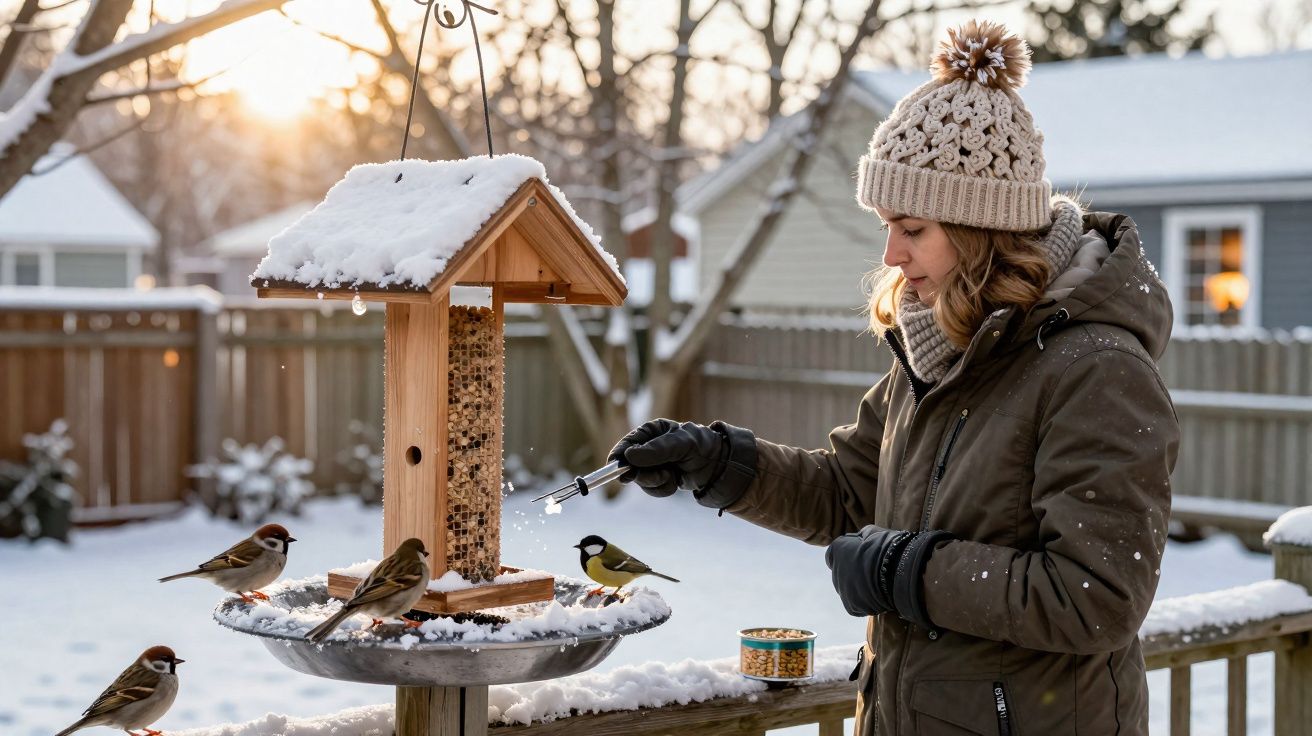 Mulher alimenta pássaros junto a comedouro coberto de neve no jardim durante inverno.