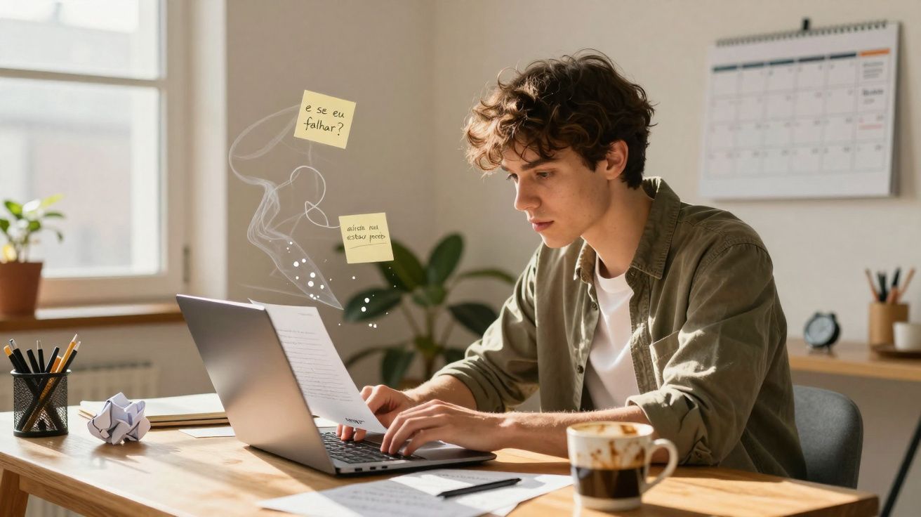 Jovem concentrado a trabalhar em computador portátil com notas autocolantes sobre dúvidas e inseguranças.