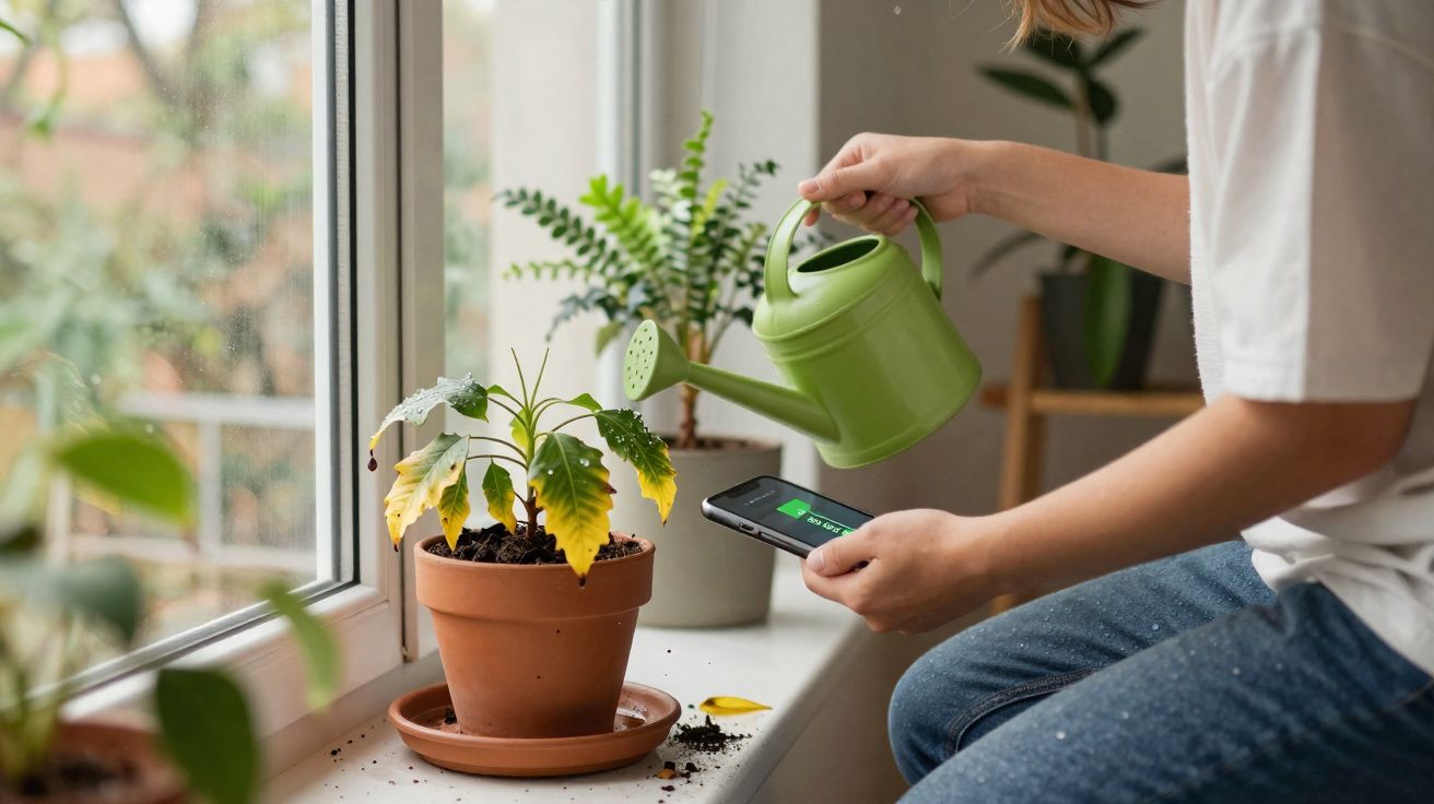 Pessoa a regar planta amarela numa jarra verde enquanto segura telemóvel perto da janela.
