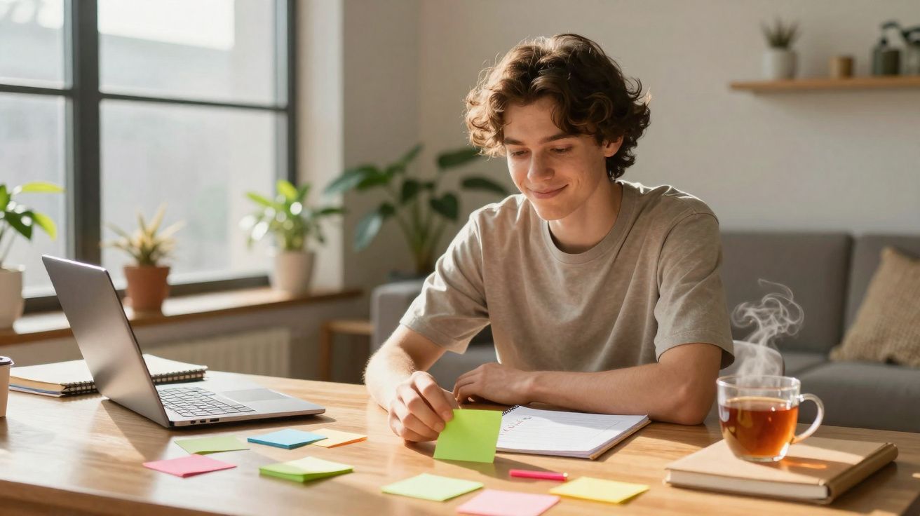 Jovem sentado à mesa a organizar notas coloridas com computador portátil e chá quente ao lado numa sala iluminada.
