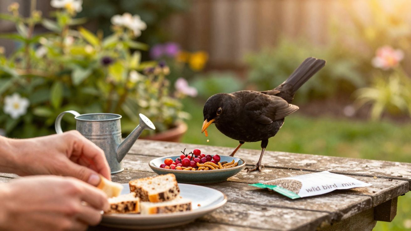 Toupeira preta a comer fruta vermelha num prato numa mesa de madeira, com pão e mãos humanas próximas.