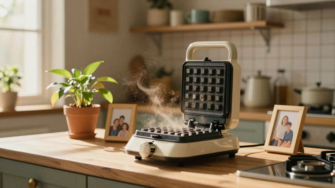 Máquina de waffles a cozinhar numa bancada de cozinha com plantas e fotos em molduras.