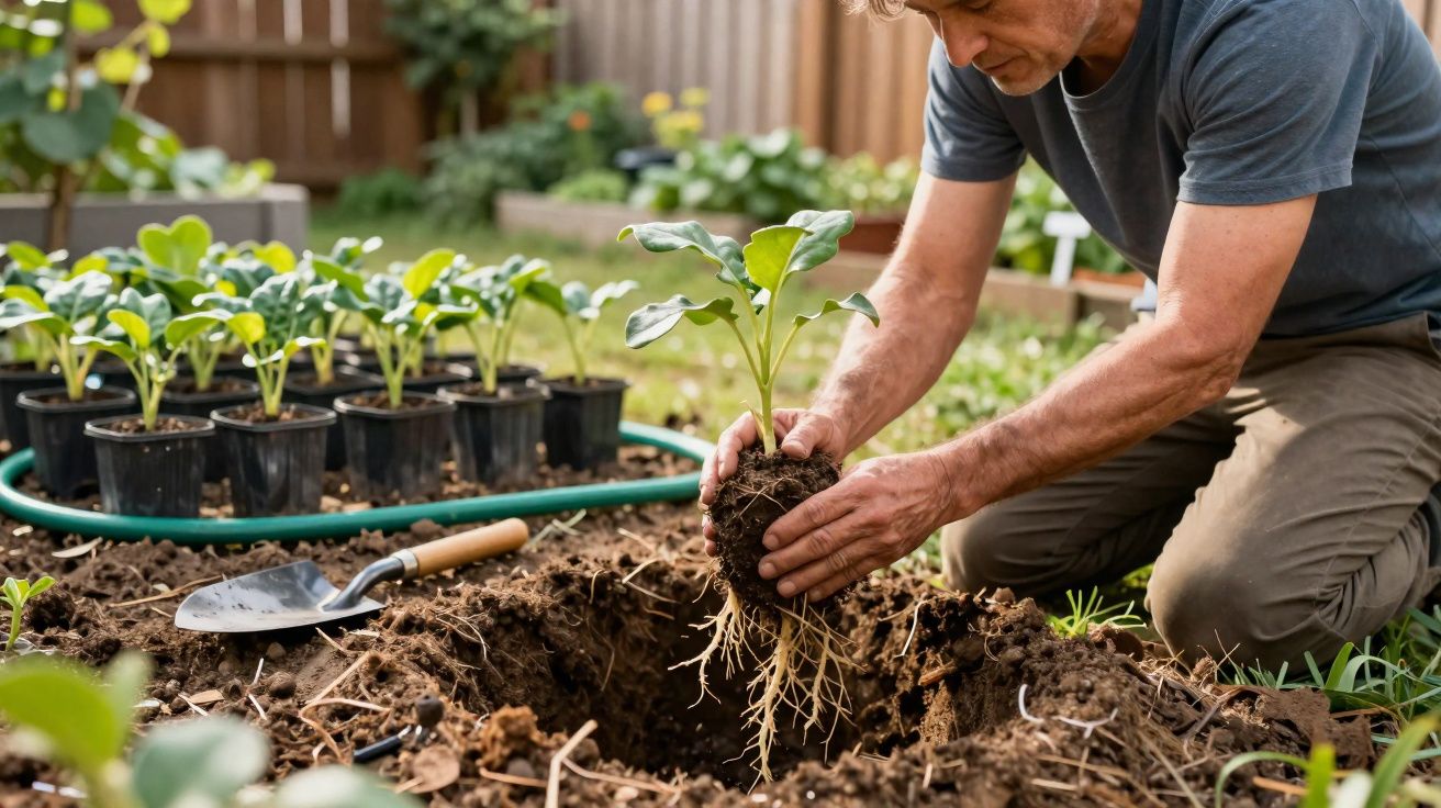 Pessoa a plantar uma muda com raízes numa terra arada num jardim com várias plantas em vasos pretos.