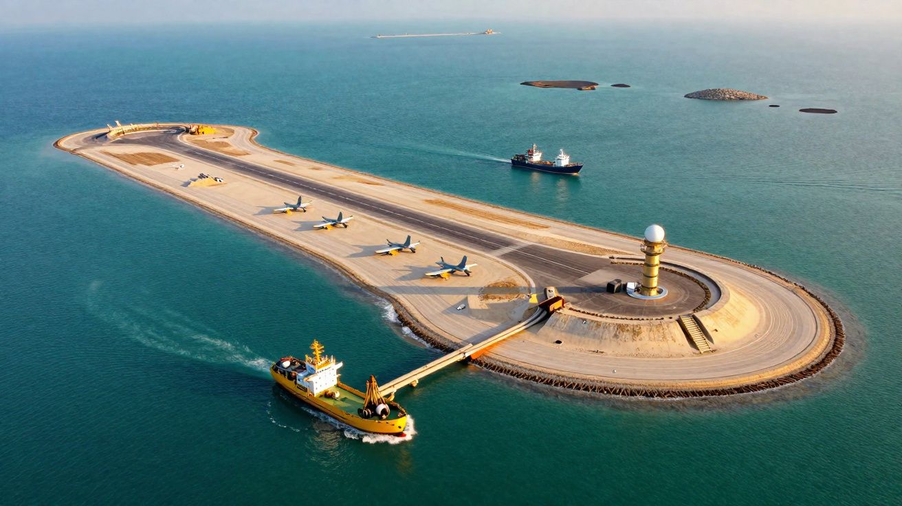 Ilha artificial com pista de aviação, cinco aviões estacionados, um farol e barcos ao redor no oceano.