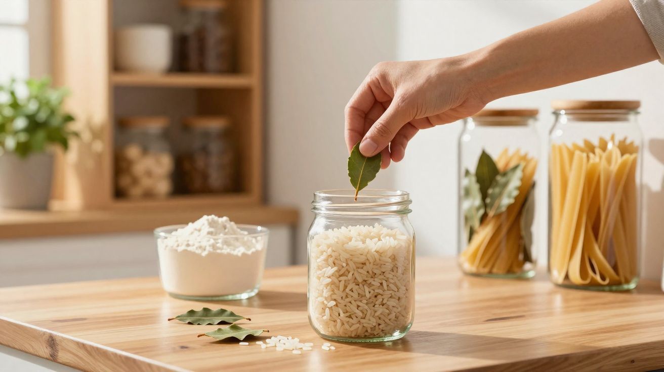 Mão a colocar folha de louro em frasco com arroz na cozinha, com frascos de massa e farinha ao fundo.