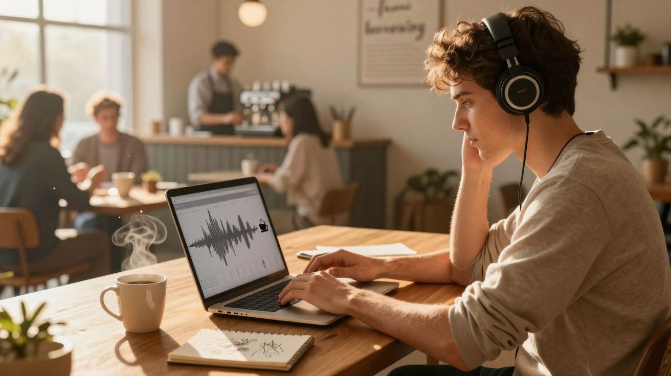 Jovem com headphones a trabalhar num portátil num café, com chá quente e caderno na mesa.