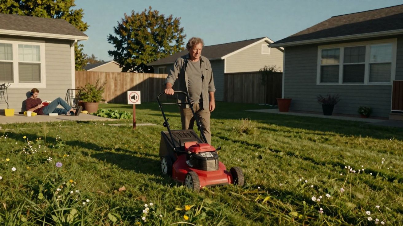 Homem idoso a cortar relva com corta-relvas vermelho num jardim residencial ao fim da tarde.