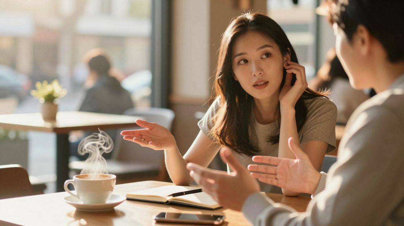 Duas pessoas a conversar numa cafeteria, com uma chávena de café quente e um caderno sobre a mesa.