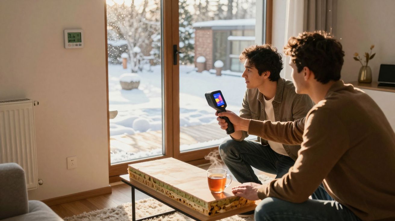 Dois homens usam câmara térmica numa sala acolhedora com chá quente, janela mostra neve no exterior.