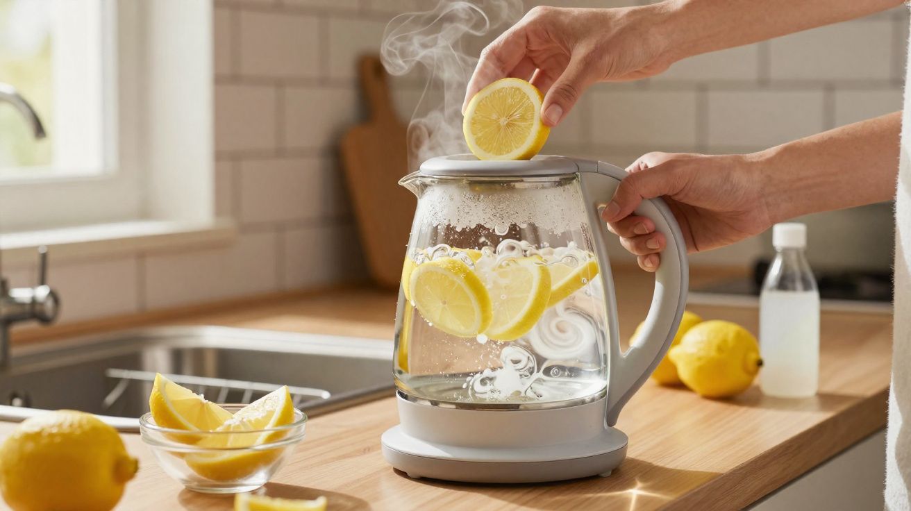Mãos a colocar limão cortado na jarra de um chaleira elétrica com água a ferver numa cozinha moderna.