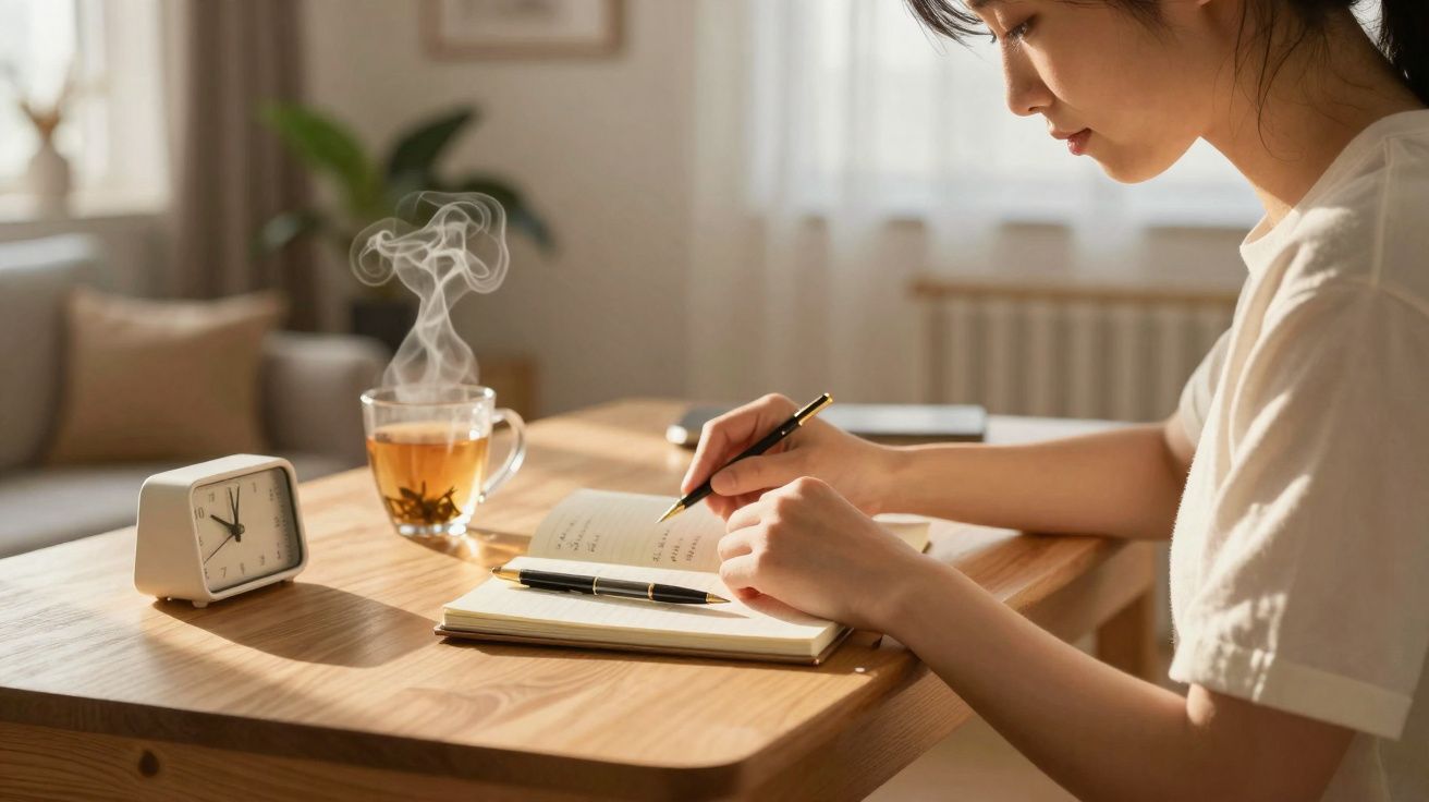Mulher sentada a escrever num caderno numa mesa de madeira, com chá quente e um relógio ao lado.