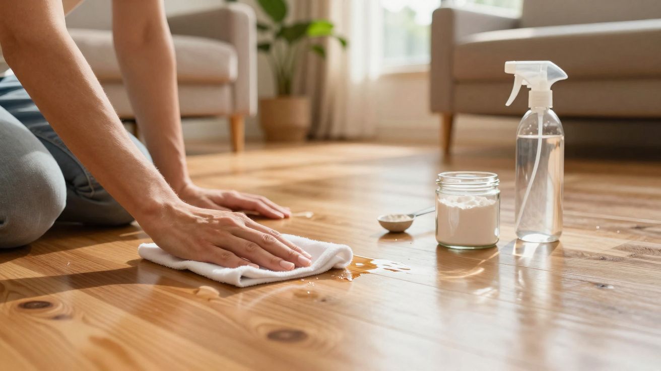 Pessoa a limpar chão de madeira com pano, pulverizador de água e bicarbonato de sódio à volta.
