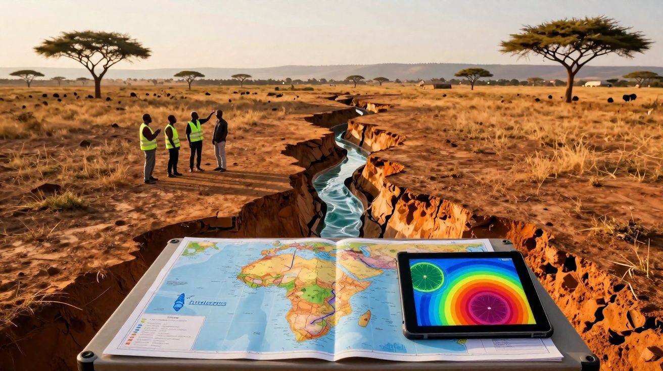 Paisagem seca com fissura profunda no solo, quatro pessoas de colete refletor e mapa da África com tablet colorido em primeir