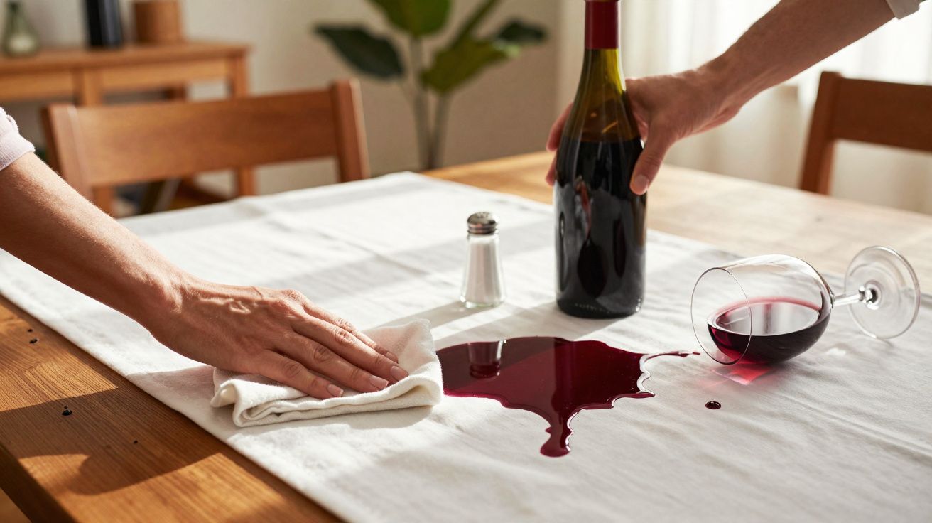 Mão a limpar derrame de vinho tinto numa toalha branca com garrafa e copo tombado na mesa de madeira.