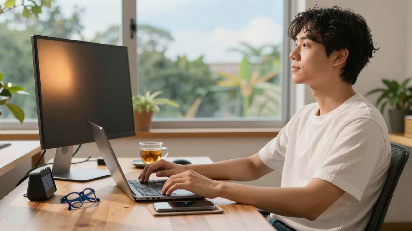 Jovem a olhar para o monitor enquanto trabalha num portátil numa secretária junto à janela.