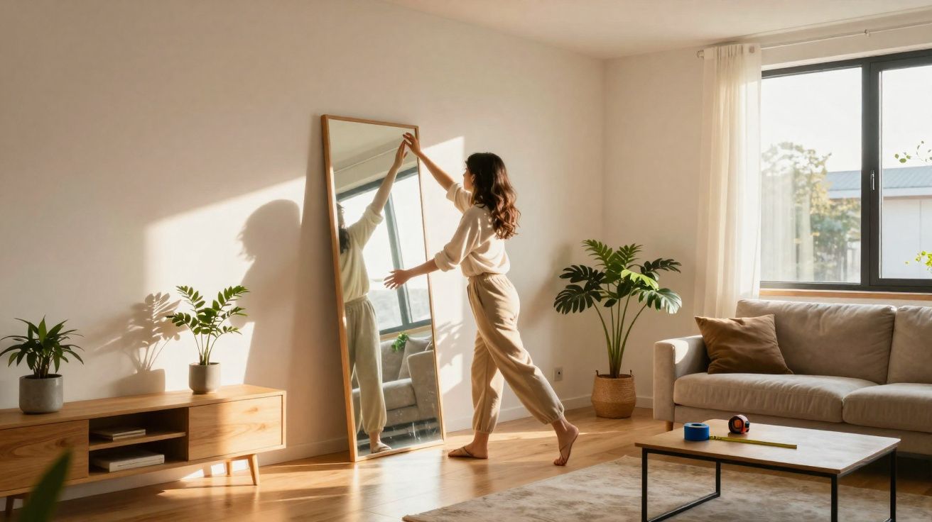 Mulher ajusta um espelho vertical numa sala luminosa com sofá, plantas e móveis em madeira clara.