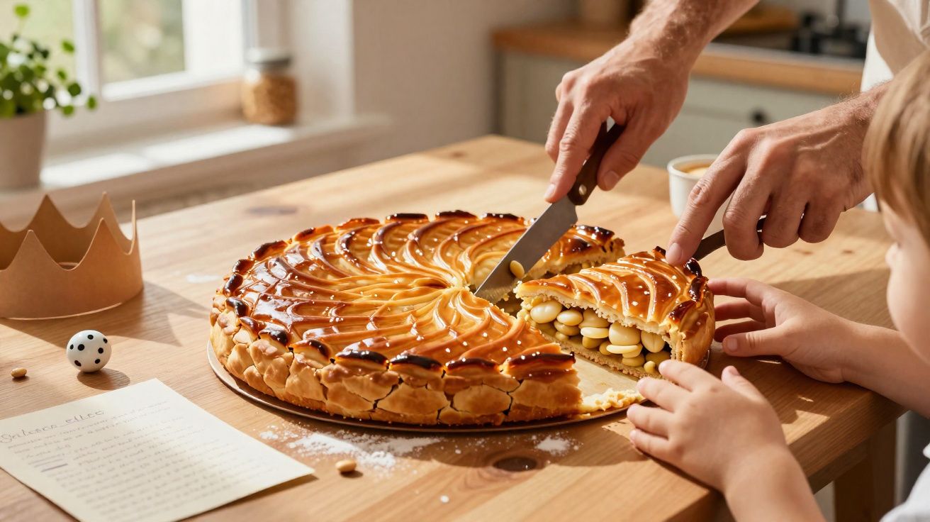 Pessoa a cortar bolo galette dos reis com criança à mesa de madeira perto de coroa e papel.