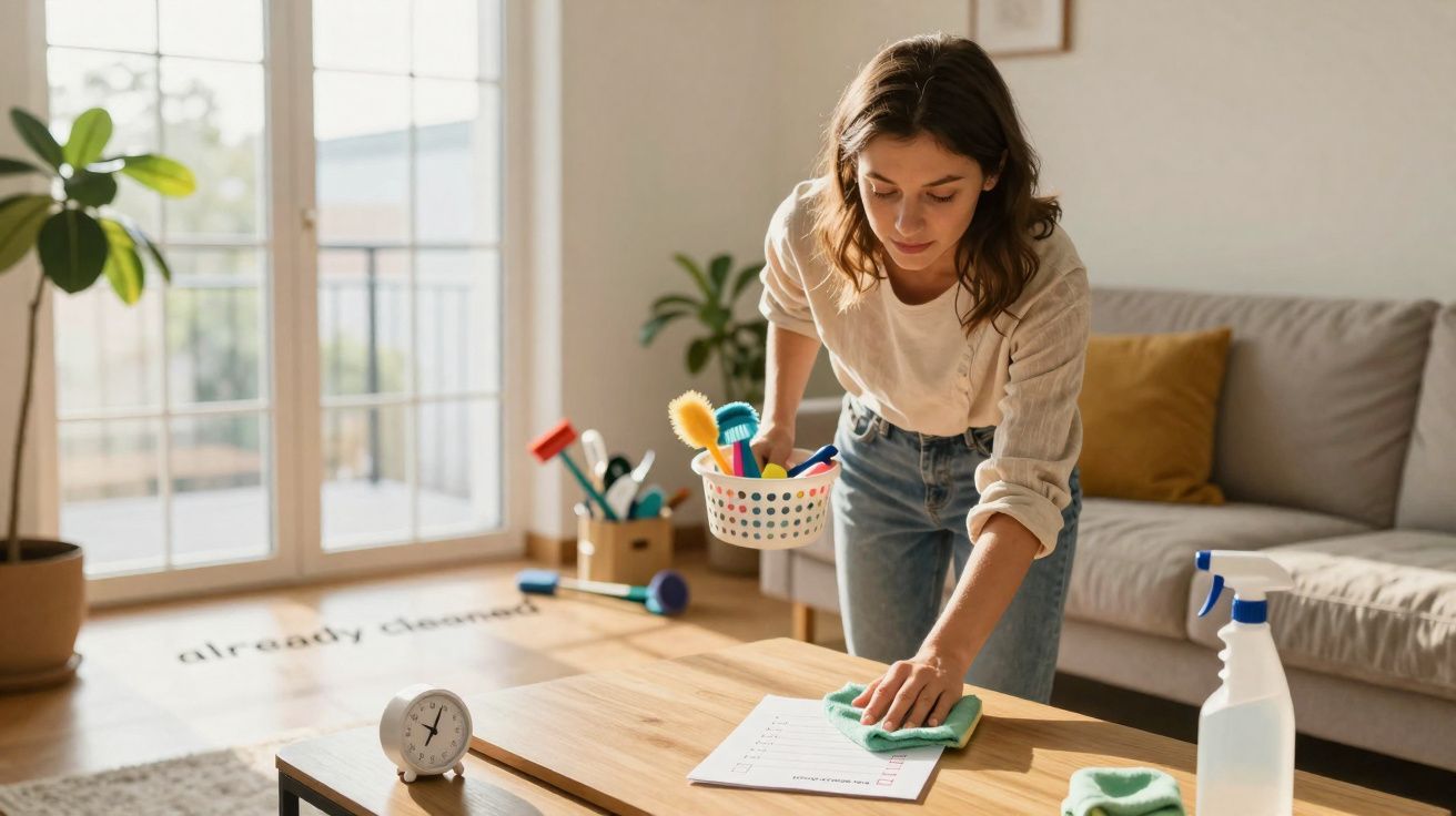 Mulher limpa mesa de madeira na sala com pano e produtos de limpeza durante o dia.