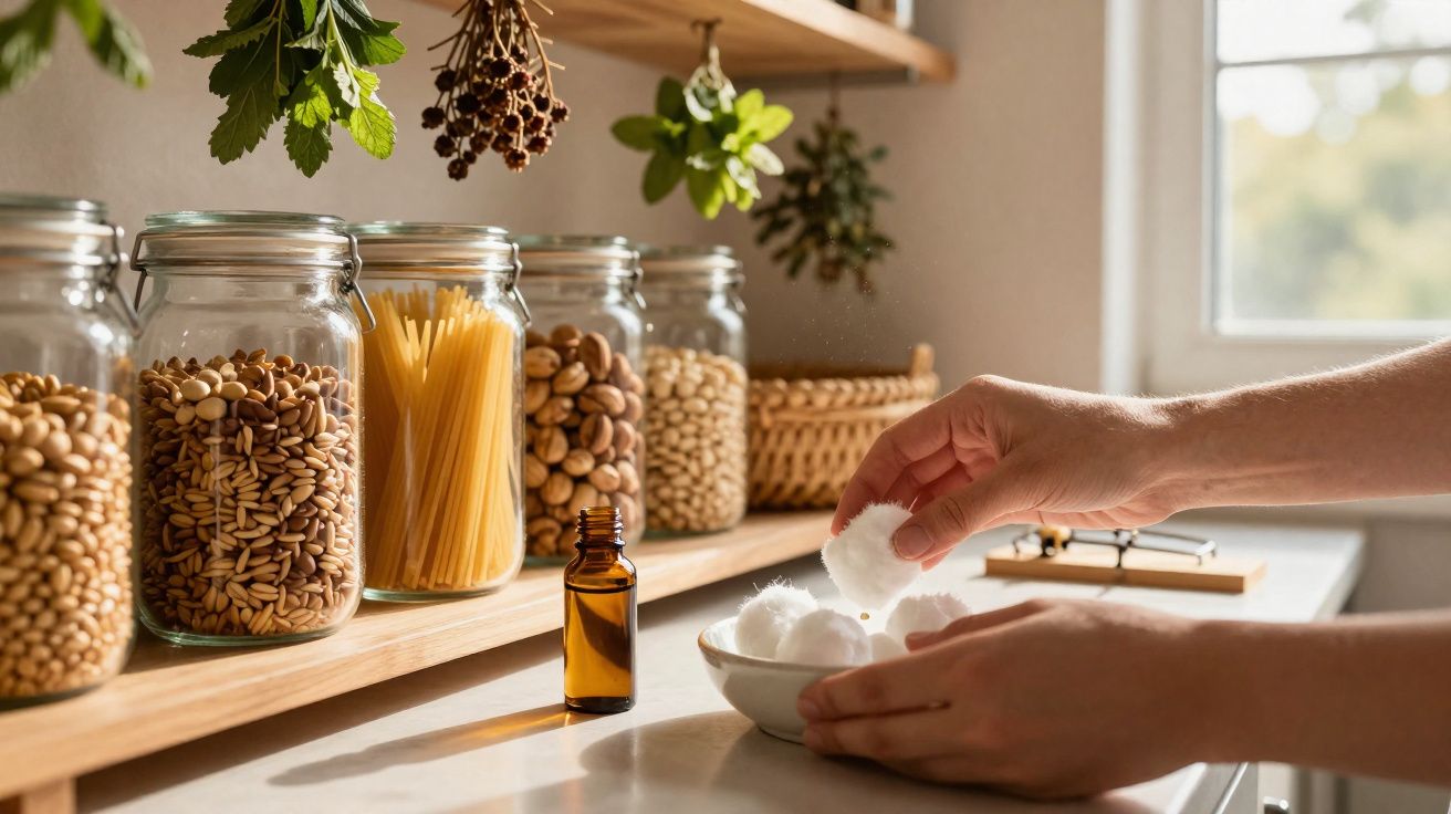 Mãos a colocar discos de algodão numa tigela, com frascos de vidro e ervas penduradas numa cozinha luminosa.