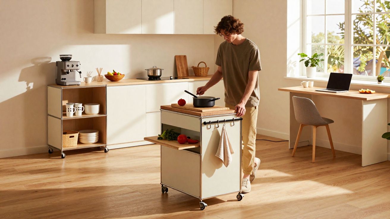 Homem a cozinhar numa cozinha moderna e luminosa com carrinho de cozinha móvel e mesa com computador portátil.