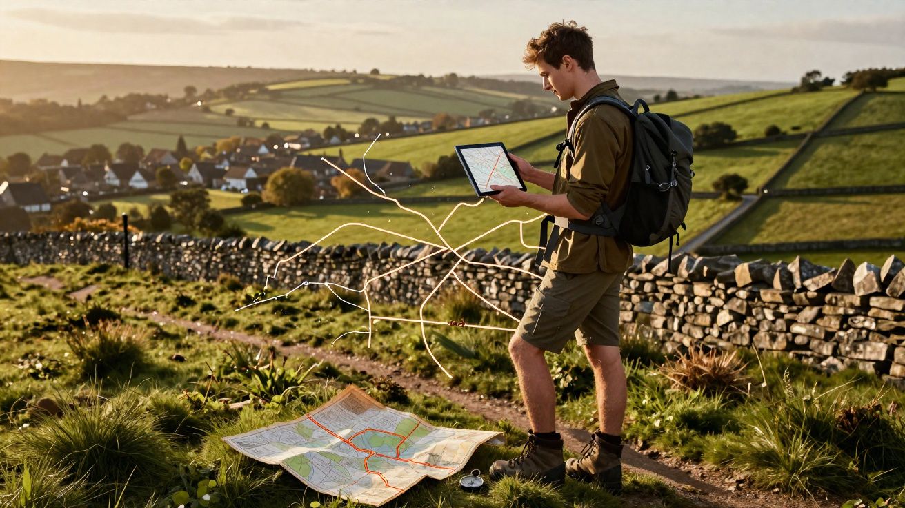 Jovem com mochila consulta mapa digital e papel numa paisagem rural ensolarada com casas e campos verdes.