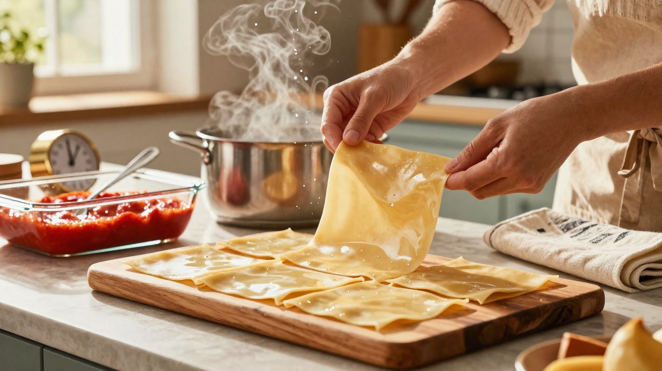 Mãos a preparar lasanha com folhas de massa fresca em madeira, panela a ferver e molho de tomate ao lado.