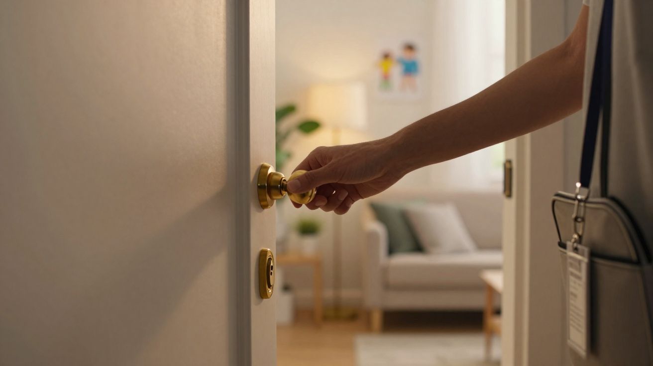 Pessoa a abrir porta que dá para uma sala de estar com sofá, almofadas e candeeiro.