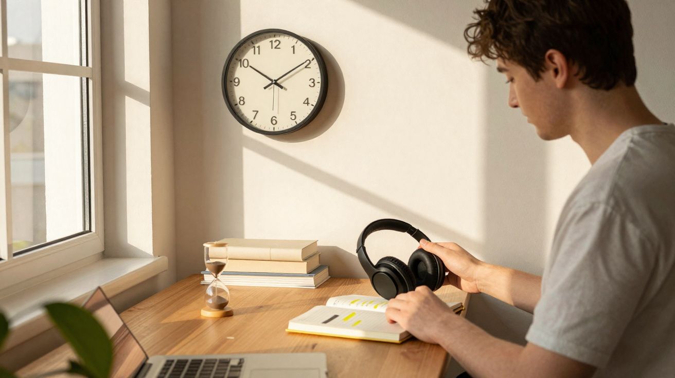 Pessoa sentada a estudar com auscultadores, perto de janela, relógio na parede e livros sobre mesa de madeira.