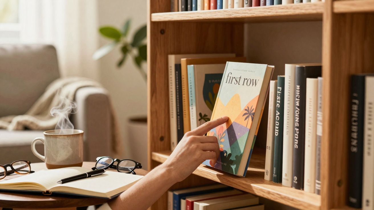 Pessoa a escolher livro numa estante de madeira com ambiente aconchegante e chá quente numa mesa próxima.