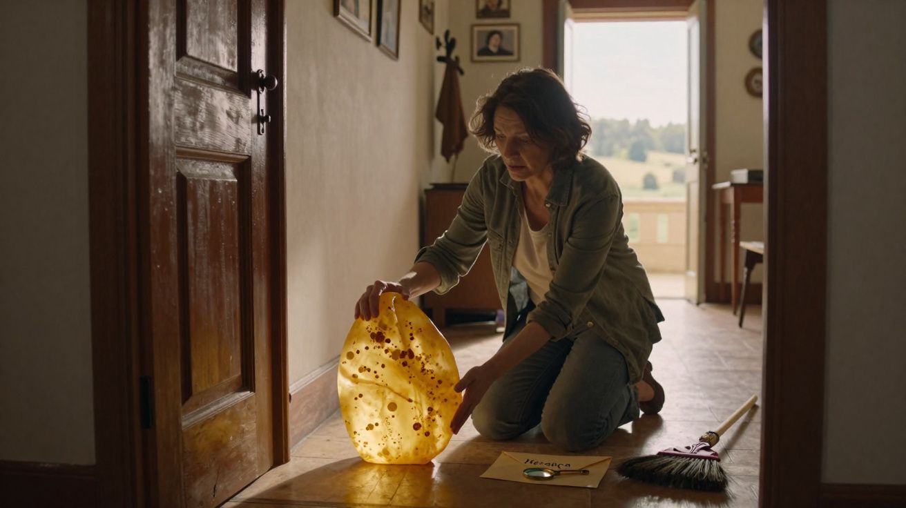 Mulher ajoelhada em corredor interior, segurando lâmpada amarela iluminada, próximo a vassoura e envelope.