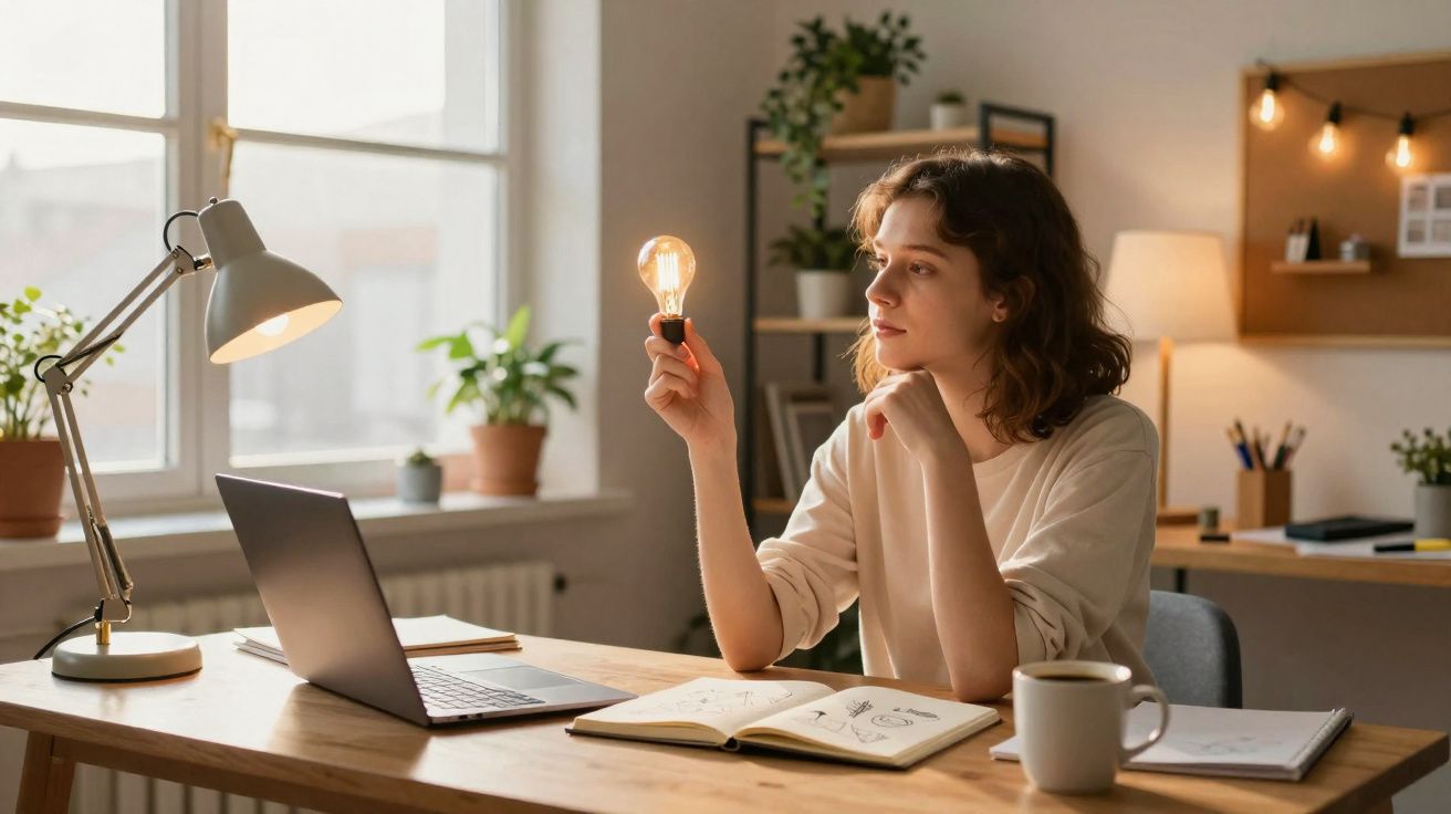 Mulher numa mesa de trabalho em casa, segurando uma lâmpada acesa e olhando para ela pensativa.