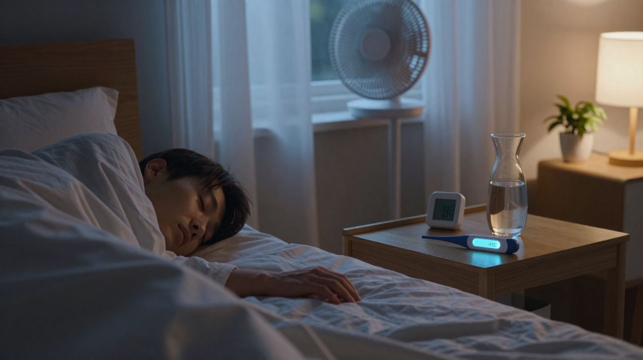 Pessoa a dormir na cama com termómetro digital, jarro de água e relógio num criado-mudo ao lado.