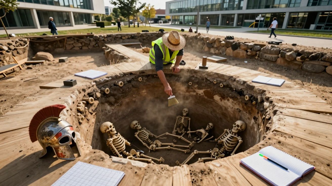 Arqueólogo a escavar esqueletos em cova circular, com capacete romano e cadernos em redor.