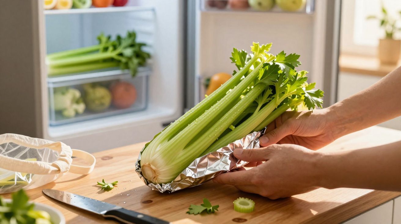Pessoa a embrulhar aipo em papel de alumínio numa cozinha com frigorífico aberto ao fundo.