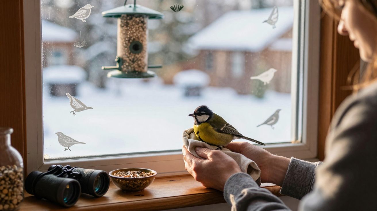 Pessoa segura um pardal com um pano junto a janela com comedouro e binóculos na neve.