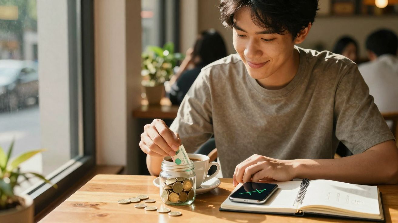 Jovem a guardar dinheiro num mealheiro, com telemóvel e caderno numa mesa junto à janela de uma cafetaria.
