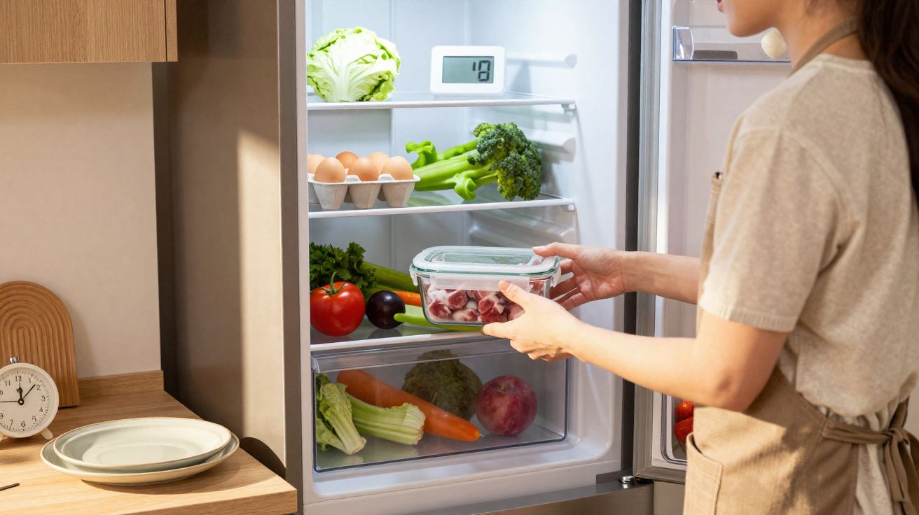 Pessoa a colocar recipiente com comida no frigorífico organizado com legumes, ovos e um termómetro digital.