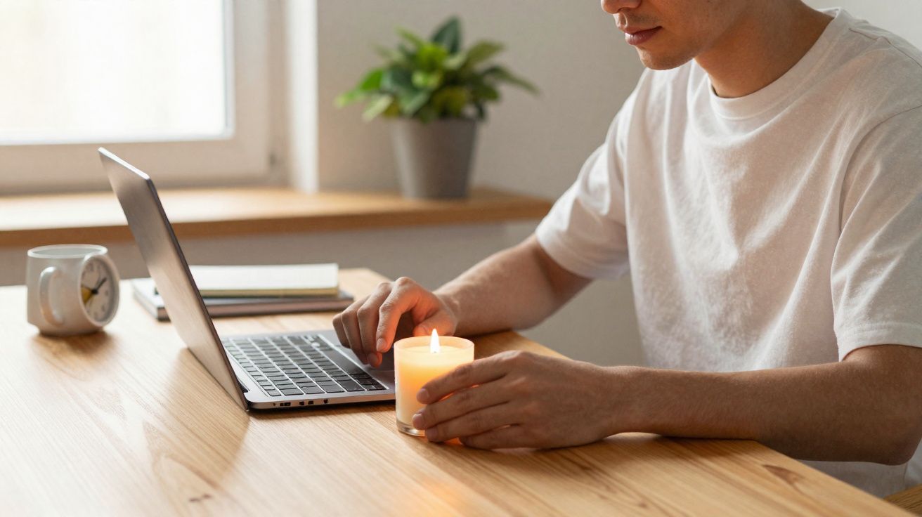 Pessoa a usar portátil numa secretária em madeira, acendendo vela branca, com caneca e plantas ao fundo.