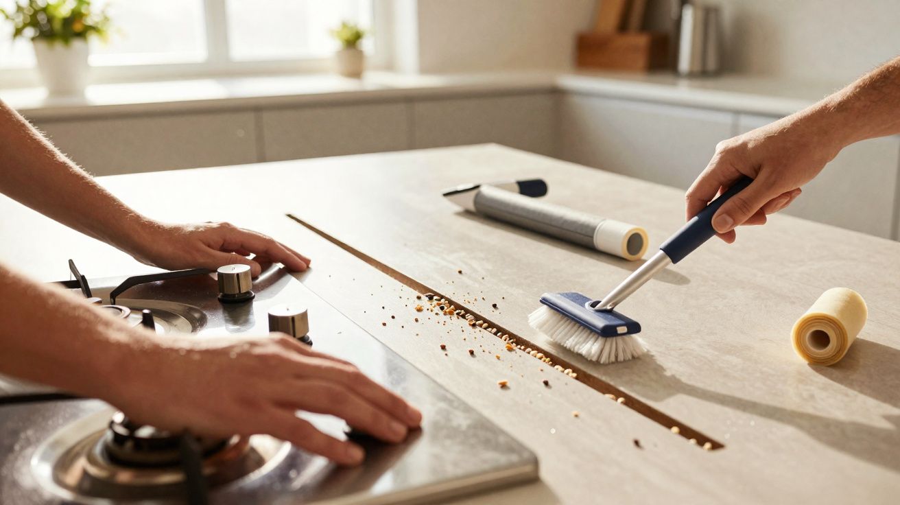 Duas mãos limpam migalhas numa bancada de cozinha clara com uma pequena escova e um fogão a gás.