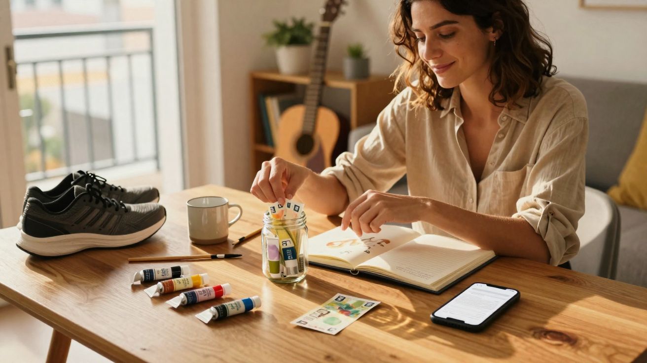 Mulher sentada à mesa, a pintar num caderno, rodeada de tintas, ténis, caneca, smartphone e guitarra ao fundo.