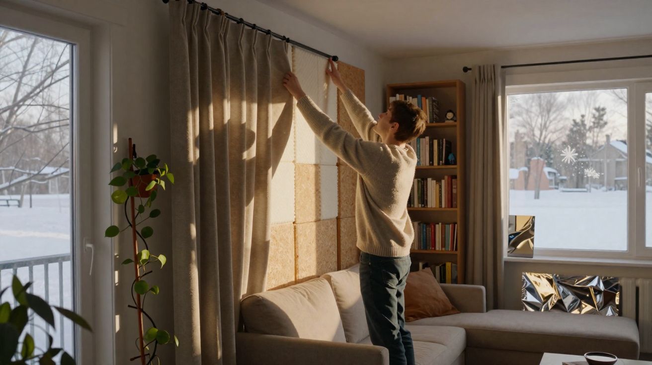Pessoa a fechar cortinas num salão iluminado por luz natural com decoração acolhedora e vista para neve.