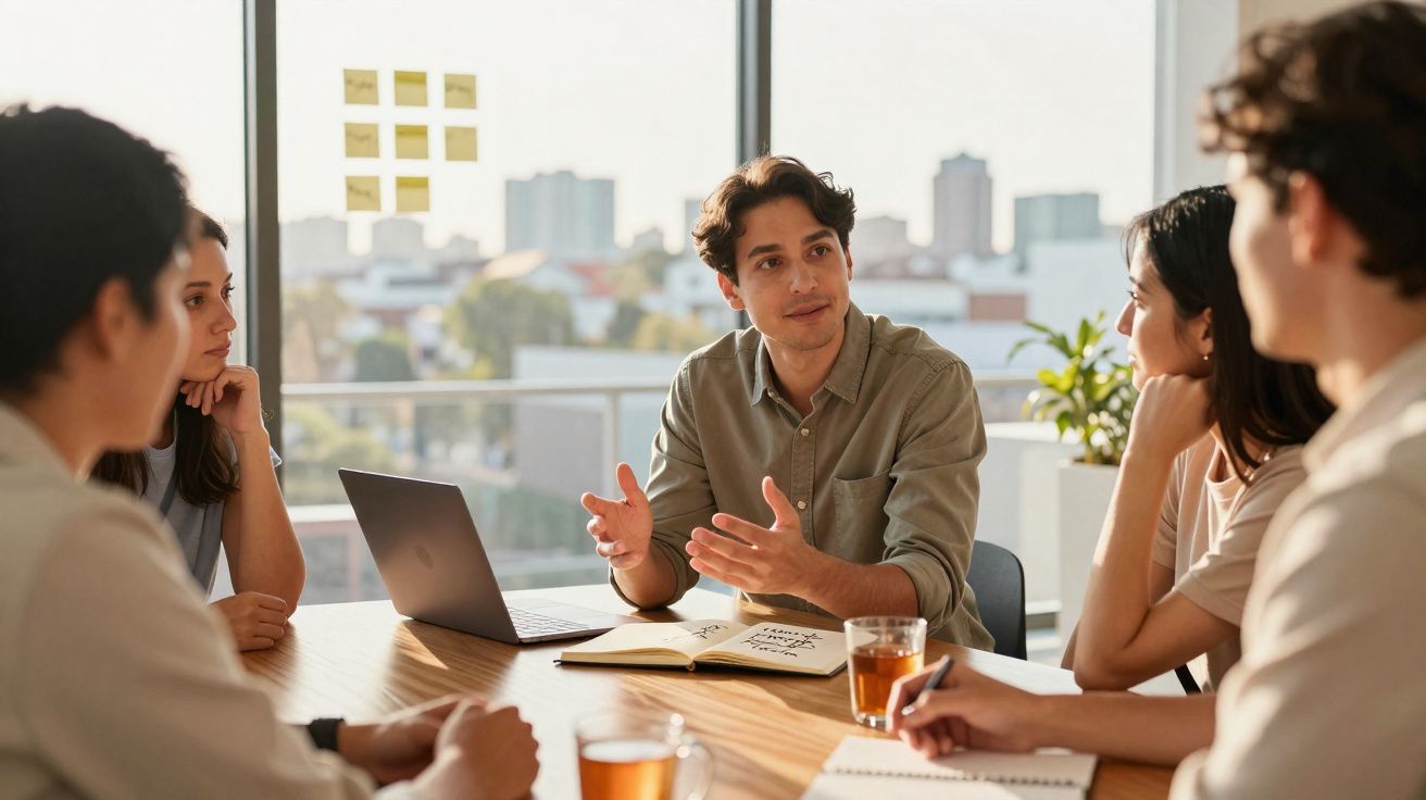 Grupo de jovens em reunião de trabalho a discutir ideias com laptop e notas numa mesa iluminada pela luz do dia.